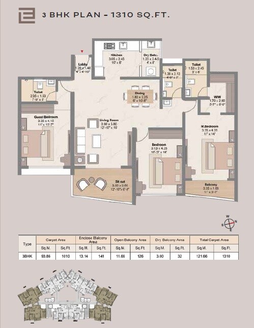 Floor plan of 3 BHK 1310 Sq. Ft. Apartment in Livience Unione, Pune