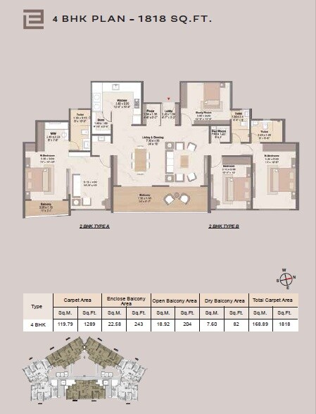 Floor plan of 4 BHK 1818 Sq. Ft. Apartment in Livience Unione, Pune