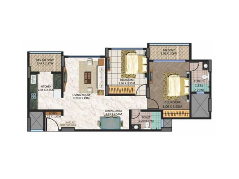 Floor plan of 3 BHK 802 Sq. Ft. Apartment in LMS Finswell Woods, Pune