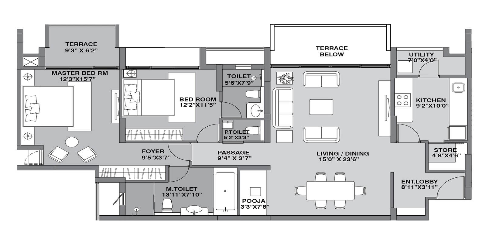 Floor plan of 2 BHK 811 Sq. Ft. Apartment in Lodha Belmondo, Pune