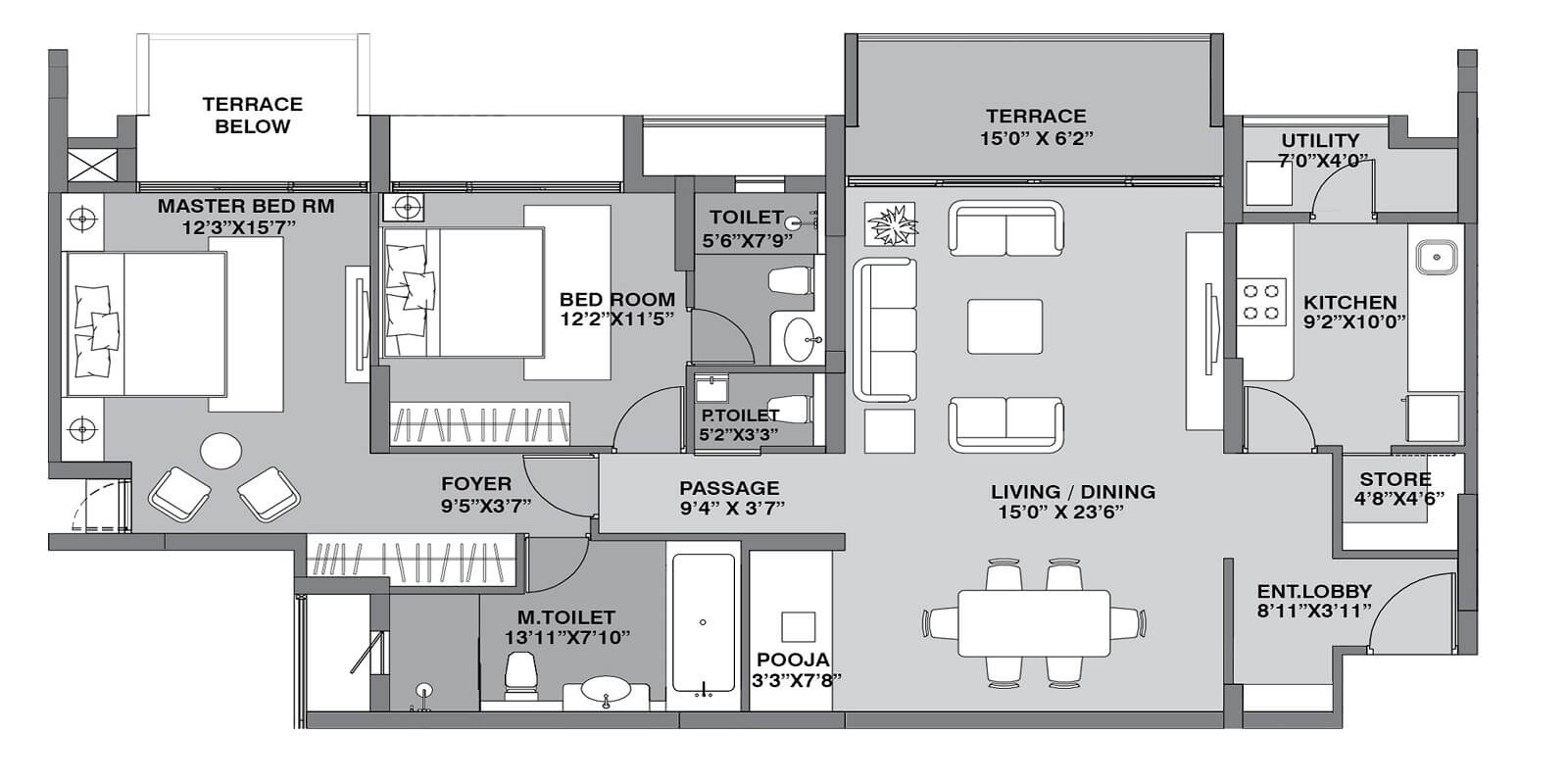 Floor plan of 2 BHK 1010 Sq. Ft. Apartment in Lodha Belmondo, Pune