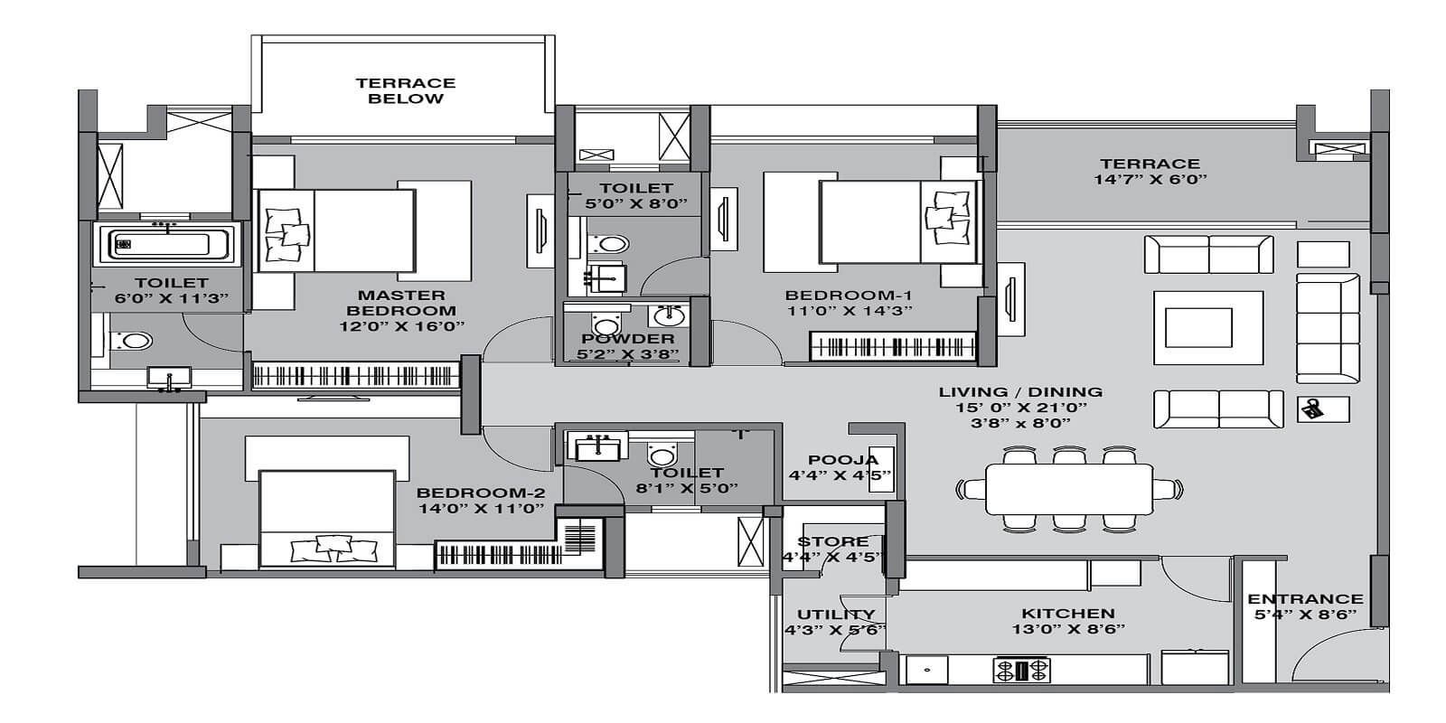 Floor plan of 3 BHK 1185 Sq. Ft. Apartment in Lodha Belmondo, Pune