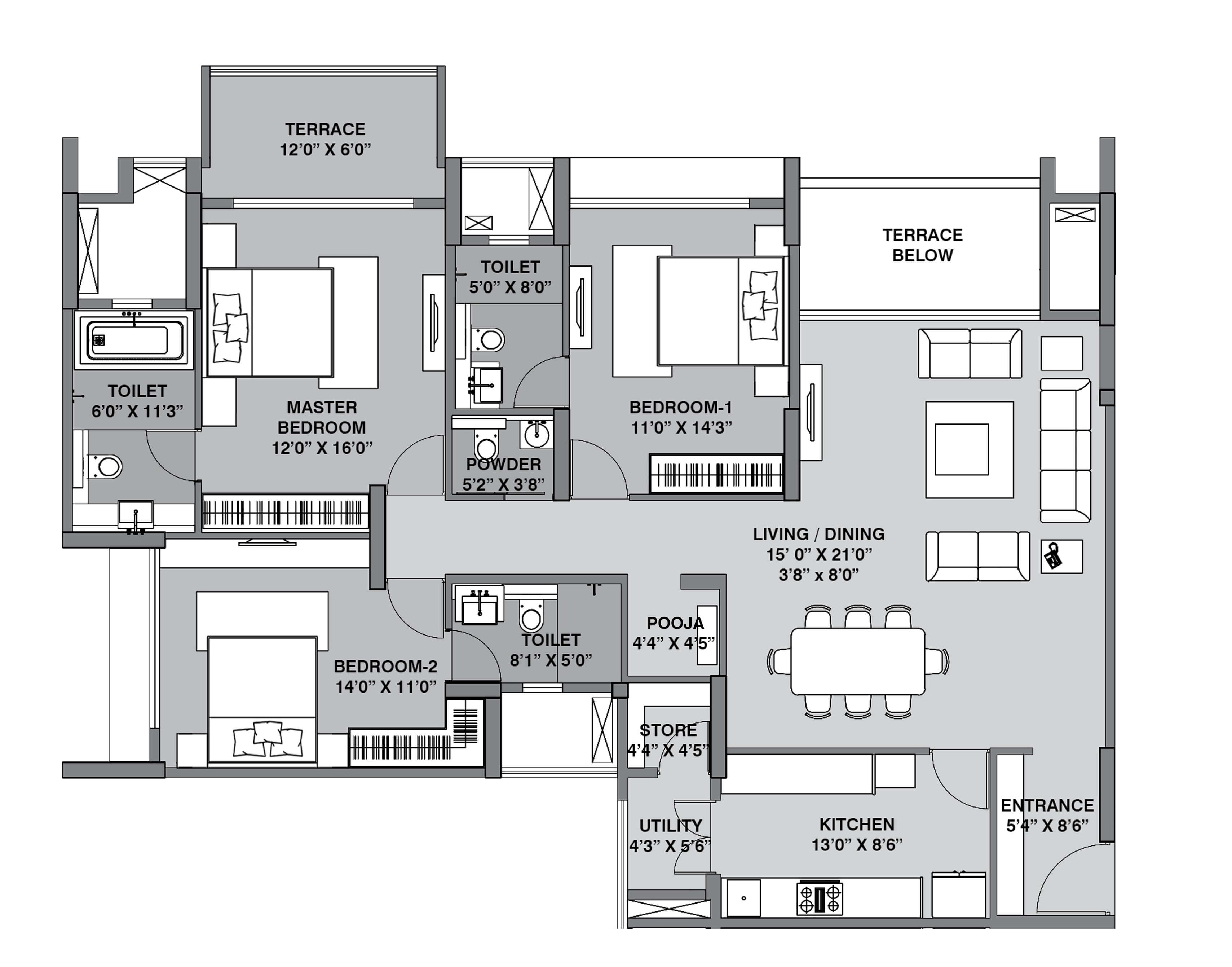 Floor plan of 3 BHK 1196 Sq. Ft. Apartment in Lodha Belmondo, Pune