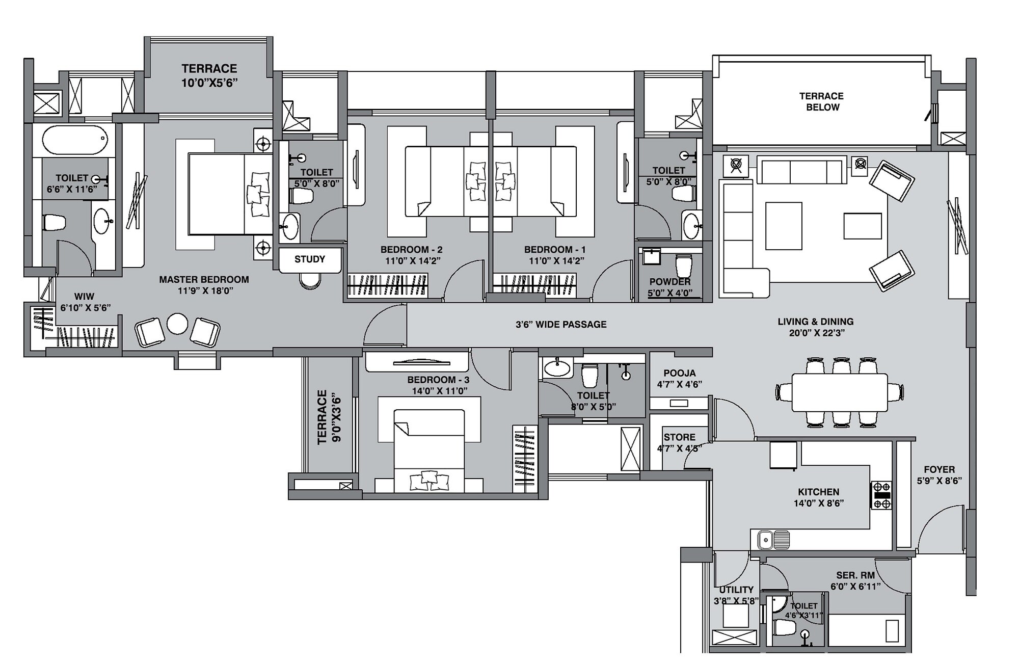 Floor plan of 4 BHK 2368 Sq. Ft. Apartment in Lodha Belmondo, Pune