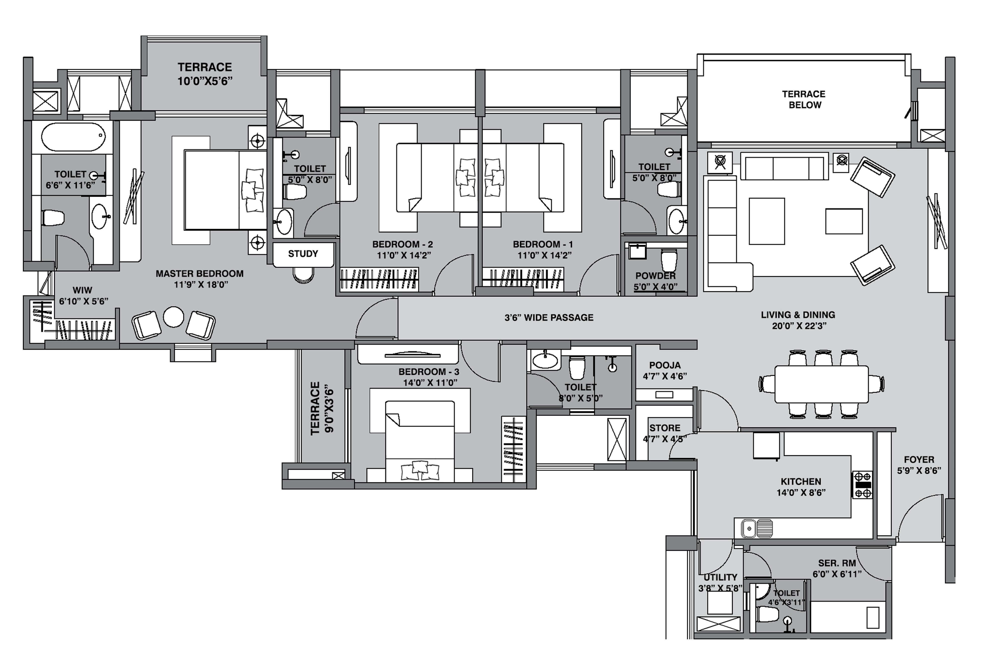 Floor plan of 4 BHK 1659 Sq. Ft. Apartment in Lodha Belmondo, Pune