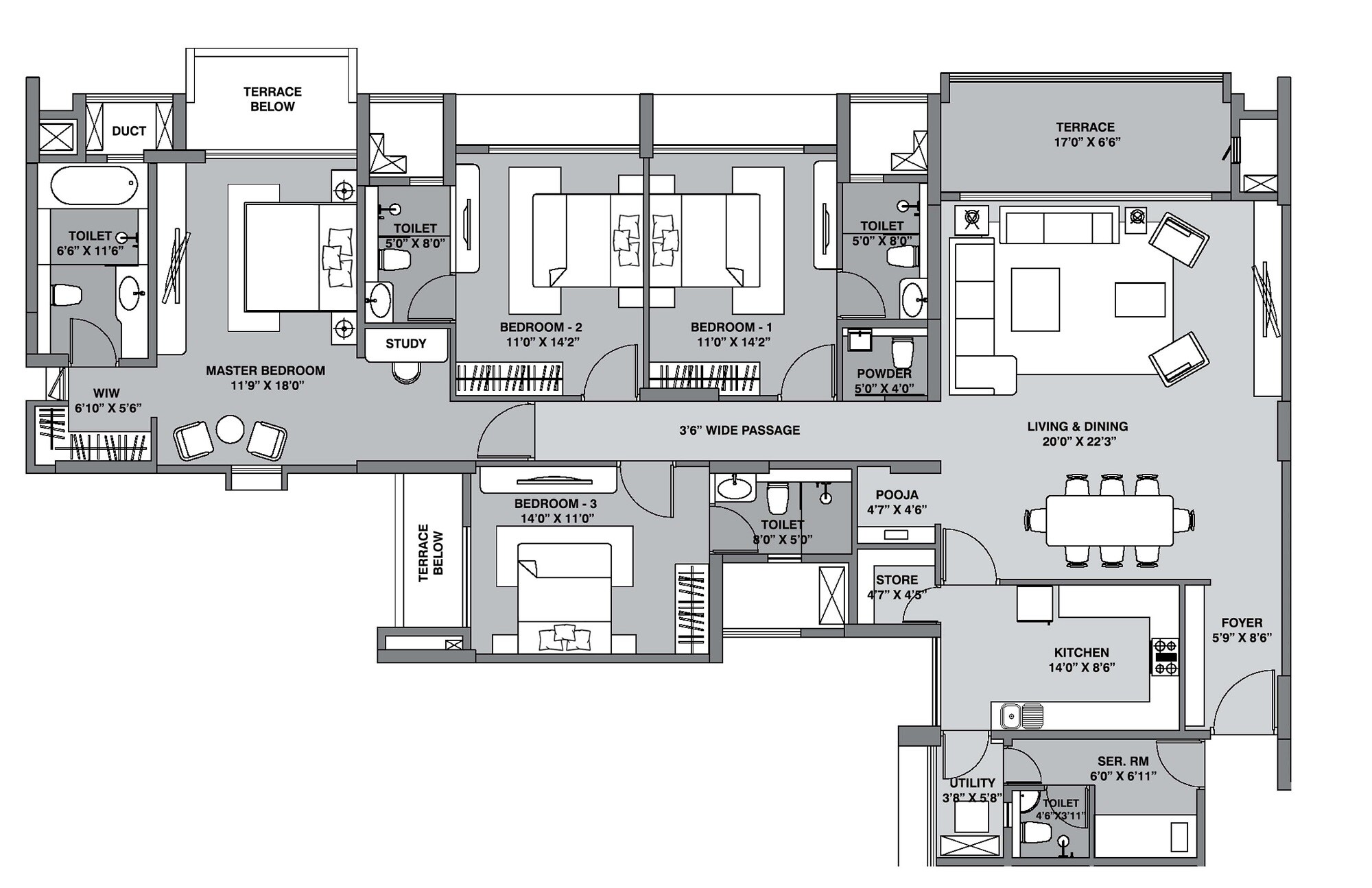 Floor plan of 4 BHK 1804 Sq. Ft. Apartment in Lodha Belmondo St Andrews A, Pune