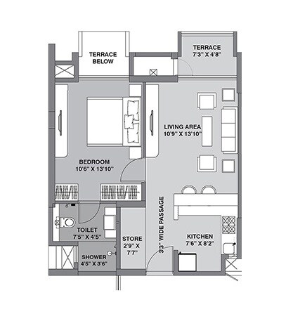 Floor plan of 388 Sq. Ft. Studio in Lodha Belmondo, Pune