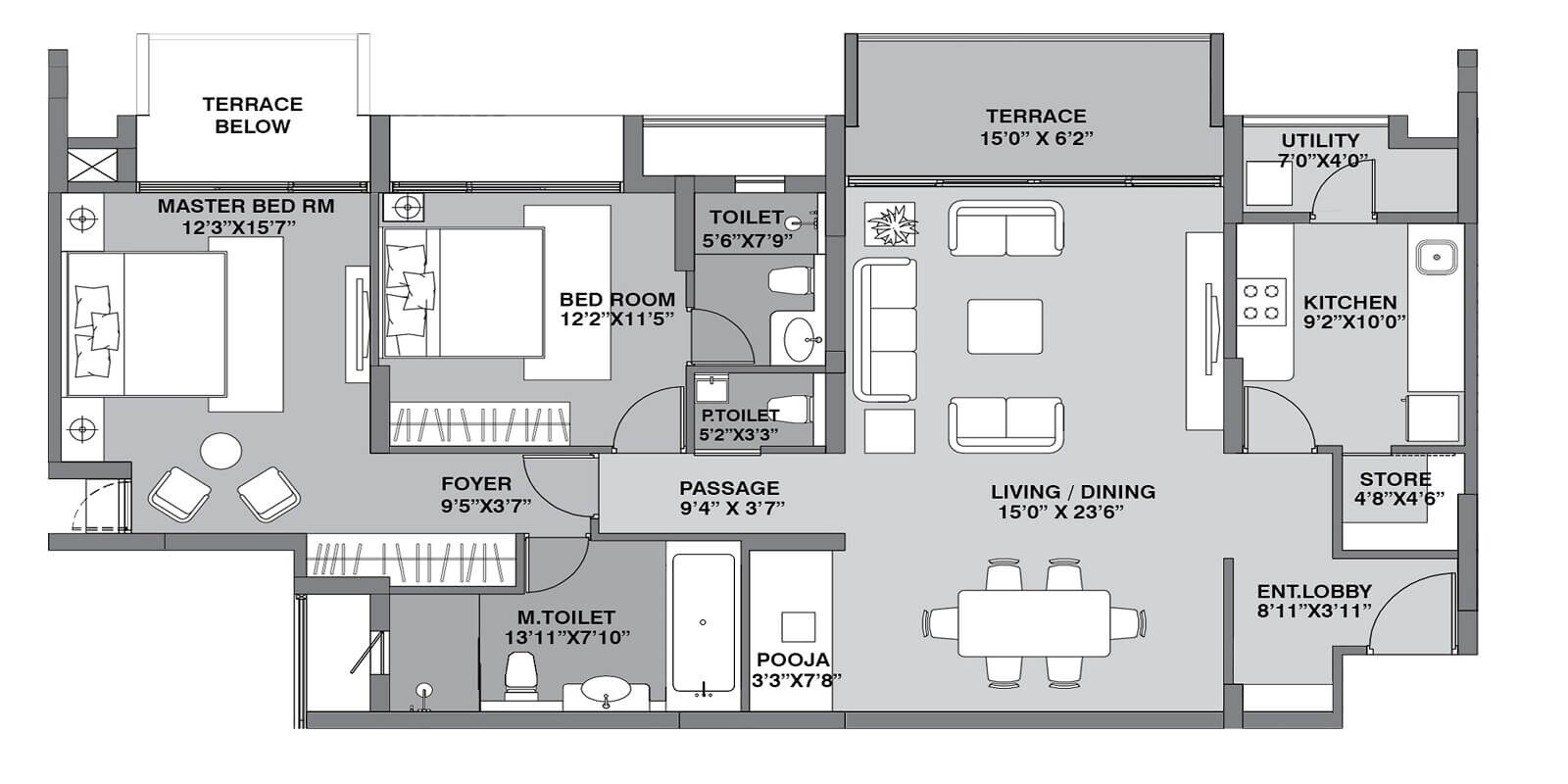 Floor plan of 2 BHK 1300 Sq. Ft. Apartment in Lodha Riviera, Pune