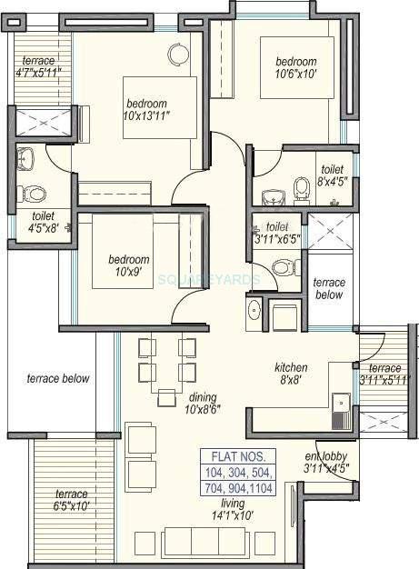 Floor plan of 3 BHK 1176 Sq. Ft. Apartment in Loharuka Group Little Earth, Pune