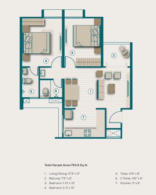 Floor plan of 2 BHK 732 Sq. Ft. Apartment in Lohia Jain 209 Hadapsar, Pune