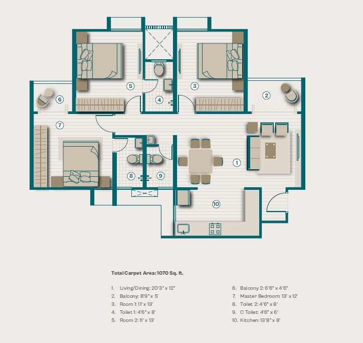 Floor plan of 3 BHK 1070 Sq. Ft. Apartment in Lohia Jain 209 Hadapsar, Pune