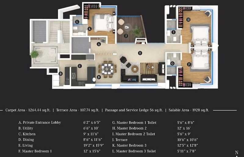 Floor plan of 3 BHK 1928 Sq. Ft. Apartment in Lohia Jain Oro Vista, Pune