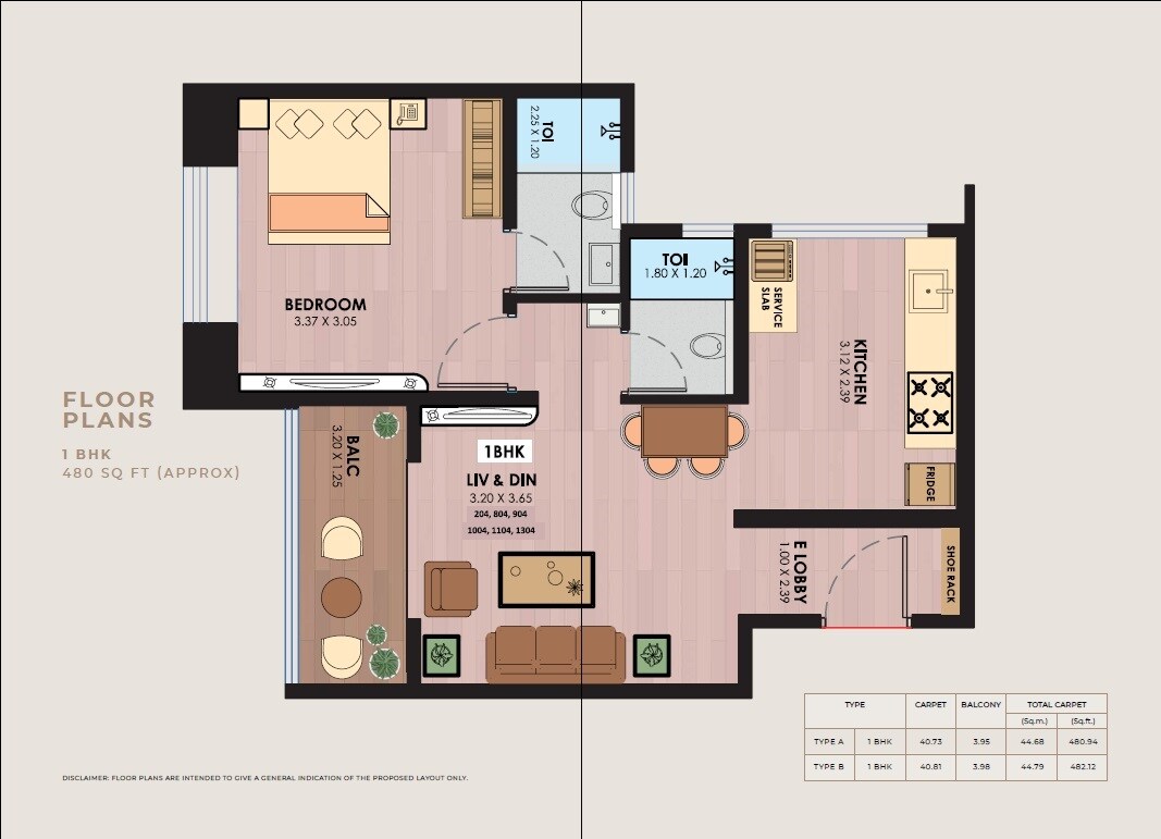 Floor plan of 1 BHK 480 Sq. Ft. Apartment in Lohia Jain Pratham Vihar, Pune