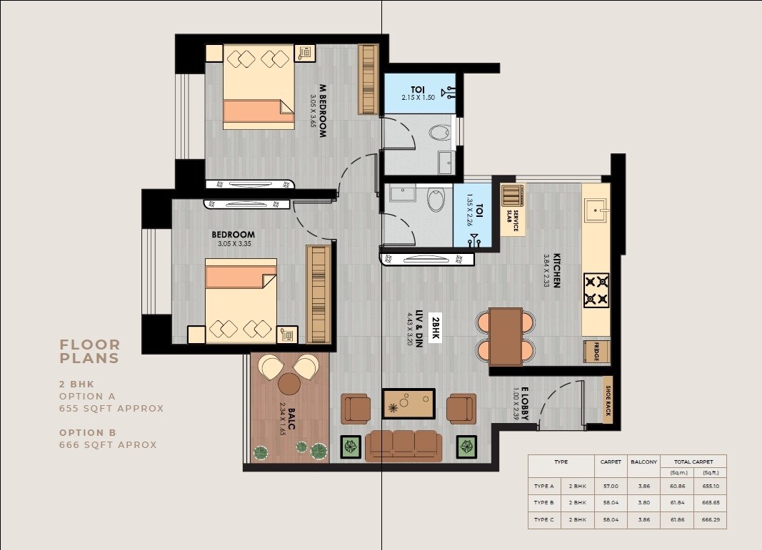 Floor plan of 2 BHK 665 Sq. Ft. Apartment in Lohia Jain Pratham Vihar, Pune