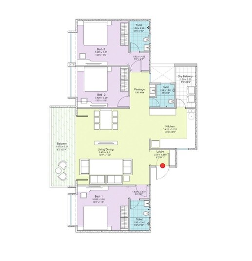 Floor plan of 3 BHK 1180 Sq. Ft. Apartment in Lohia Jain Ra Casa, Pune