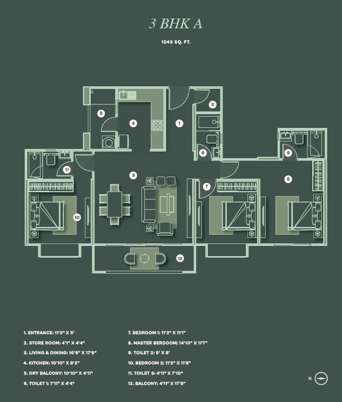 Floor plan of 3 BHK 1243 Sq. Ft. Apartment in Lohia Jain The Reserve, Pune
