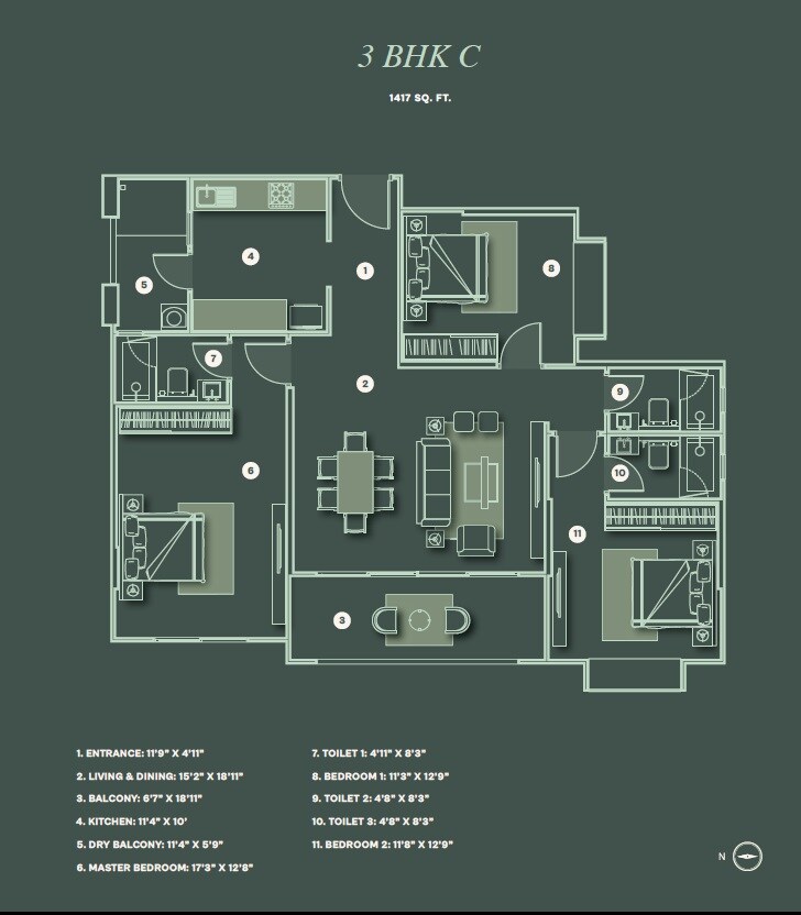 Floor plan of 3 BHK 1417 Sq. Ft. Apartment in Lohia Jain The Reserve, Pune