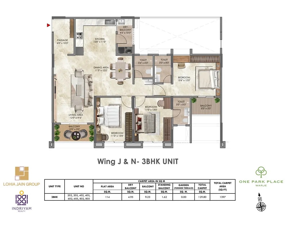 Floor plan of 3 BHK 1397 Sq. Ft. Apartment in Lohia One Park Place, Pune