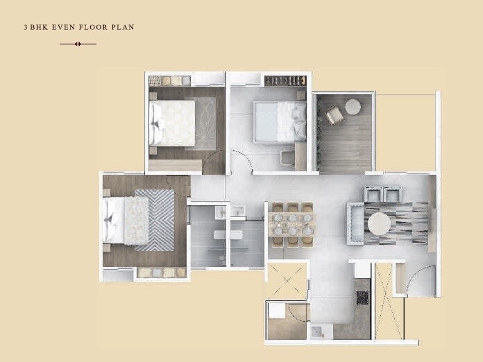 Floor plan of 3 BHK 740 Sq. Ft. Apartment in Lohia Unika, Pune