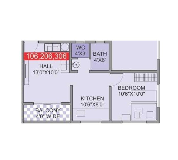 Floor plan of 1 BHK 346 Sq. Ft. Apartment in Lomte Residency, Pune