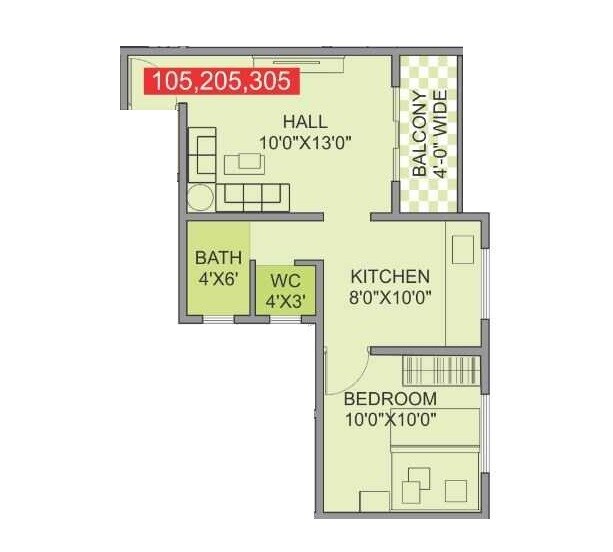 Floor plan of 1 BHK 419 Sq. Ft. Apartment in Lomte Residency, Pune