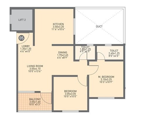 Floor plan of 2 BHK 687 Sq. Ft. Apartment in Lotus Urban Homes, Pune