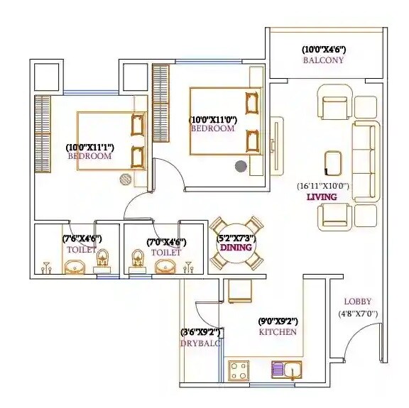 Floor plan of 2 BHK 721 Sq. Ft. Apartment in Lotus Yojangandha, Pune