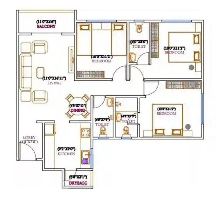 Floor plan of 3 BHK 961 Sq. Ft. Apartment in Lotus Yojangandha, Pune