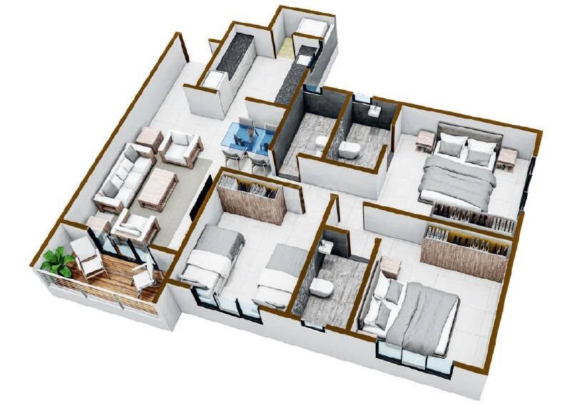 Floor plan of 3 BHK 985 Sq. Ft. Apartment in Lotus Yojangandha, Pune