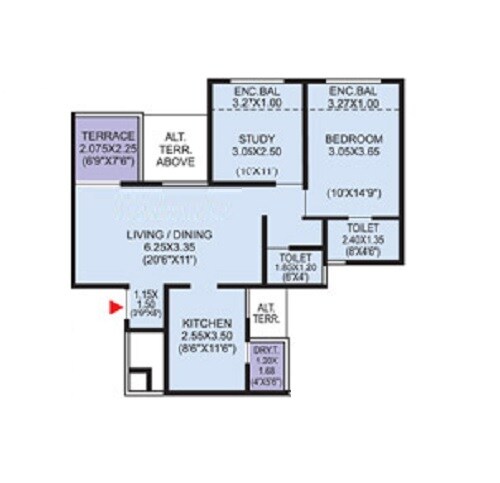Floor plan of 2 BHK 844 Sq. Ft. Apartment in LS Laxmi Avenue, Pune