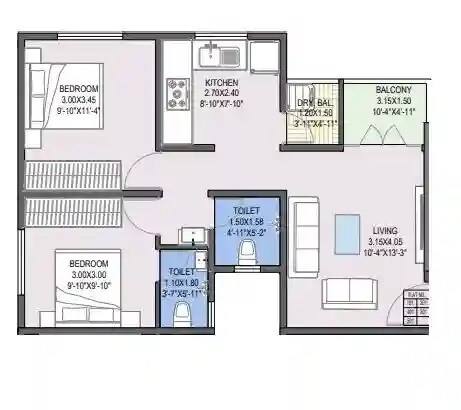 Floor plan of 2 BHK 539 Sq. Ft. Apartment in LS Mehetre Avishkar Heights, Pune