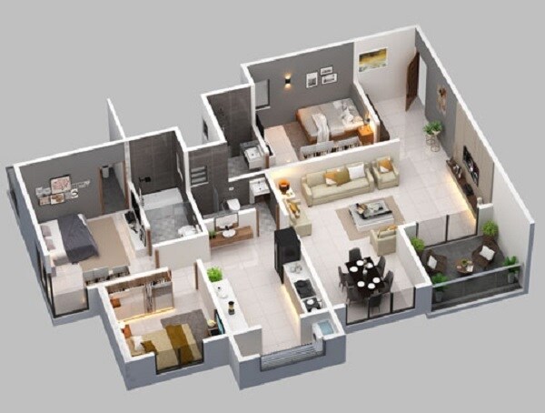 Floor plan of 3 BHK 1188 Sq. Ft. Apartment in LS Mehetre Laxmi Empire, Pune