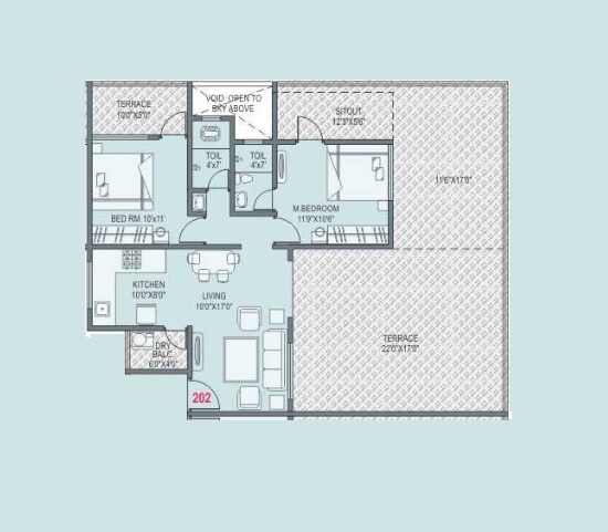 Floor plan of 2 BHK 674 Sq. Ft. Apartment in Lunkad Amrutdhara, Pune