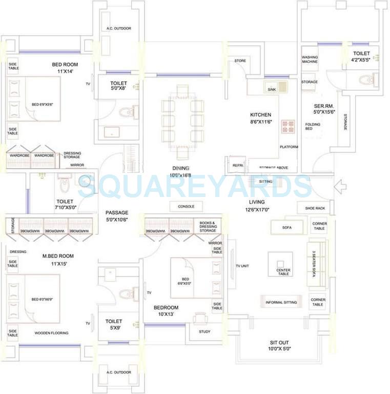 Floor plan of 3 BHK 1650 Sq. Ft. Apartment in Lunkad Sky Vie, Pune
