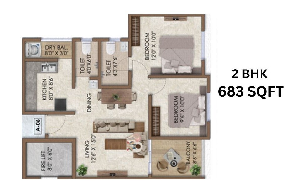 Floor plan of 2 BHK 683 Sq. Ft. Apartment in Maanvi Sai Asspire, Pune