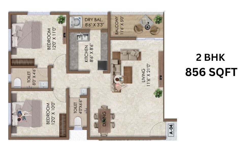 Floor plan of 2 BHK 856 Sq. Ft. Apartment in Maanvi Sai Asspire, Pune