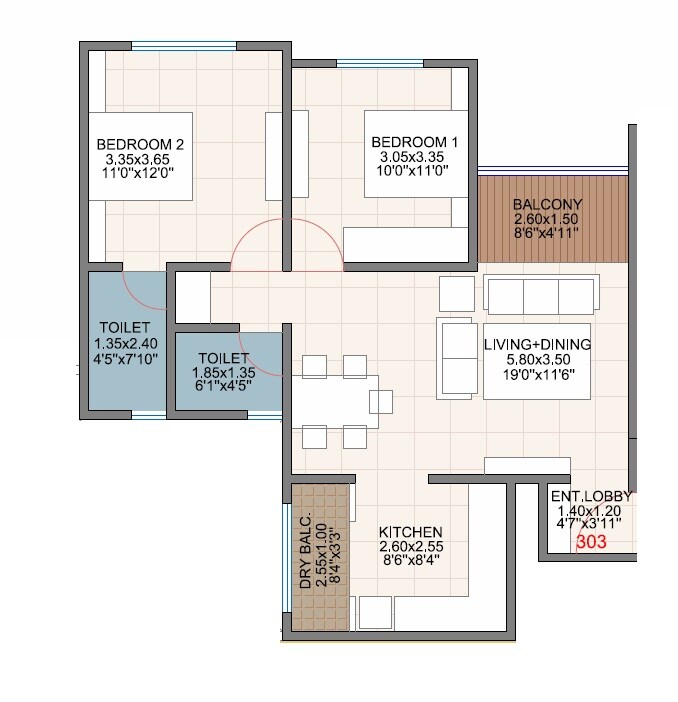 Floor plan of 2 BHK 745 Sq. Ft. Apartment in Maavi Shree Ashirwad, Pune