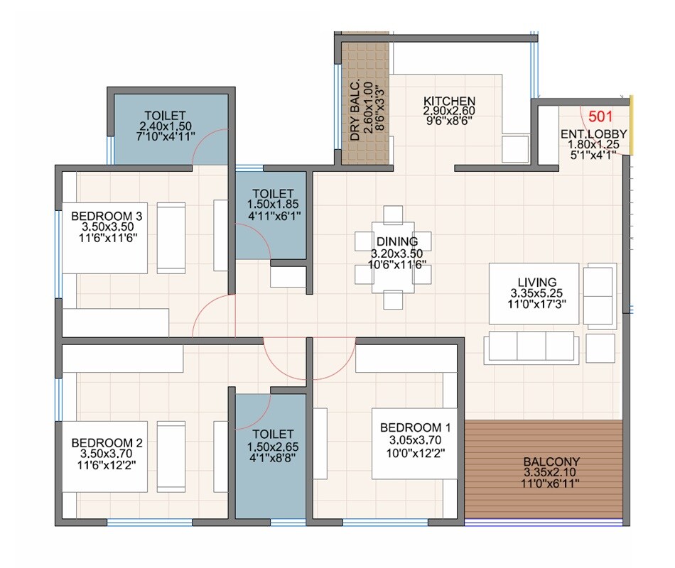 Floor plan of 3 BHK 1127 Sq. Ft. Apartment in Maavi Shree Ashirwad, Pune