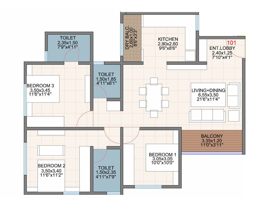 Floor plan of 3 BHK 990 Sq. Ft. Apartment in Maavi Shree Ashirwad, Pune