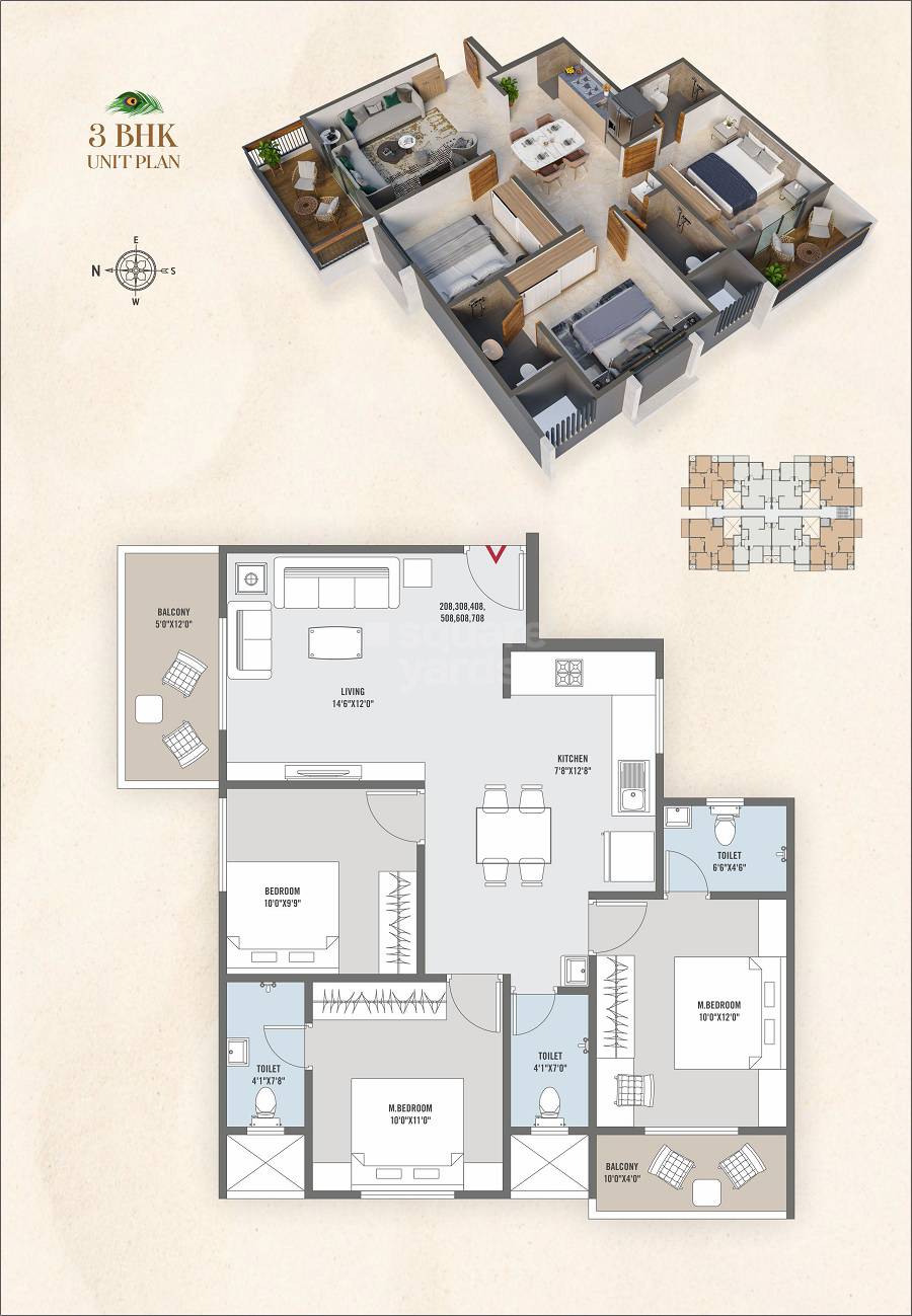 Floor plan of 3 BHK 914 Sq. Ft. Apartment in Madhav Kunj Charholi Budruk, Pune