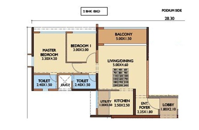 Floor plan of 2 BHK 989 Sq. Ft. Apartment in Magarpatta Nova Residency, Pune