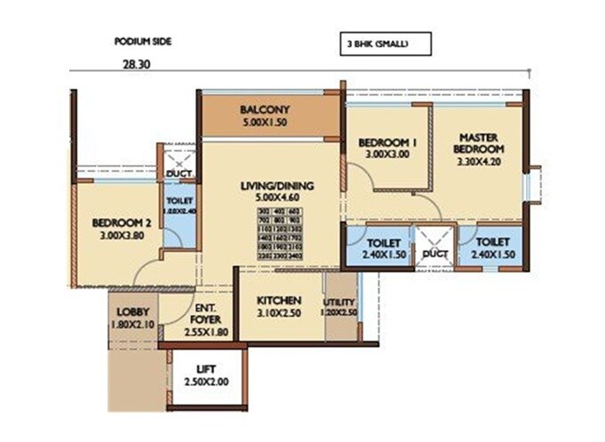 Floor plan of 3 BHK 1082 Sq. Ft. Apartment in Magarpatta Nova Residency, Pune