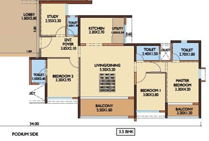 Floor plan of 3 BHK 1428 Sq. Ft. Apartment in Magarpatta Nova Residency, Pune