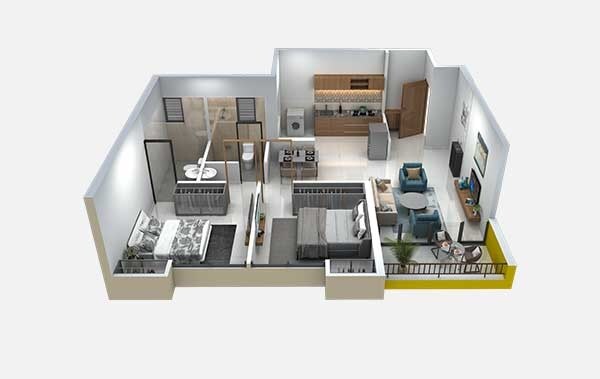 Floor plan of 2 BHK 680 Sq. Ft. Apartment in Magarpatta Riverview City, Pune