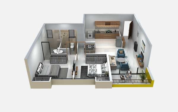 Floor plan of 2 BHK 904 Sq. Ft. Apartment in Magarpatta Riverview City, Pune