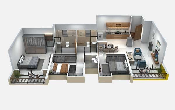 Floor plan of 3 BHK 1015 Sq. Ft. Apartment in Magarpatta Riverview City, Pune