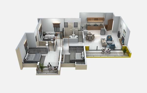 Floor plan of 3 BHK 1071 Sq. Ft. Apartment in Magarpatta Riverview City, Pune
