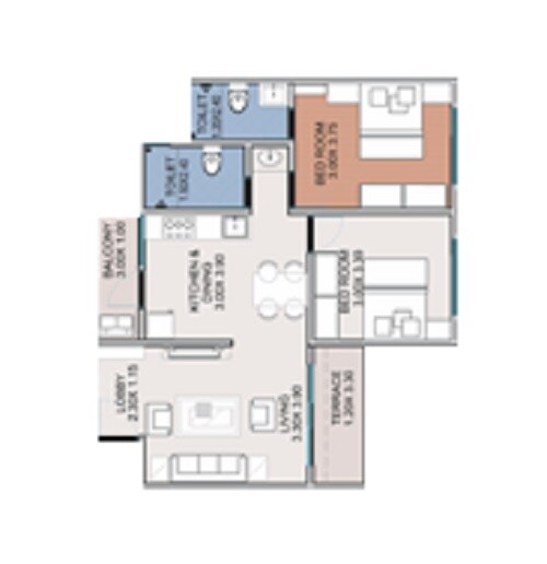 Floor plan of 2 BHK 624 Sq. Ft. Apartment in Magic Green City, Pune