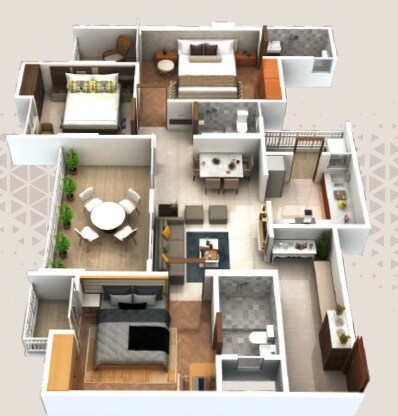 Floor plan of 3 BHK 814 Sq. Ft. Apartment in Magnum Iris, Pune
