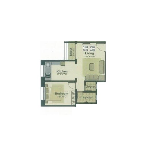 Floor plan of 1 BHK 452 Sq. Ft. Apartment in Mahalaxmi Dew Drop, Pune